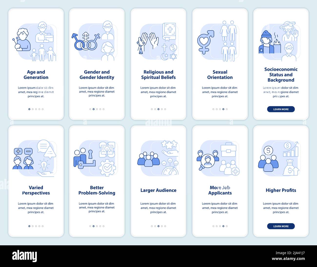 Diversity and inclusion light blue onboarding mobile app screen set ...