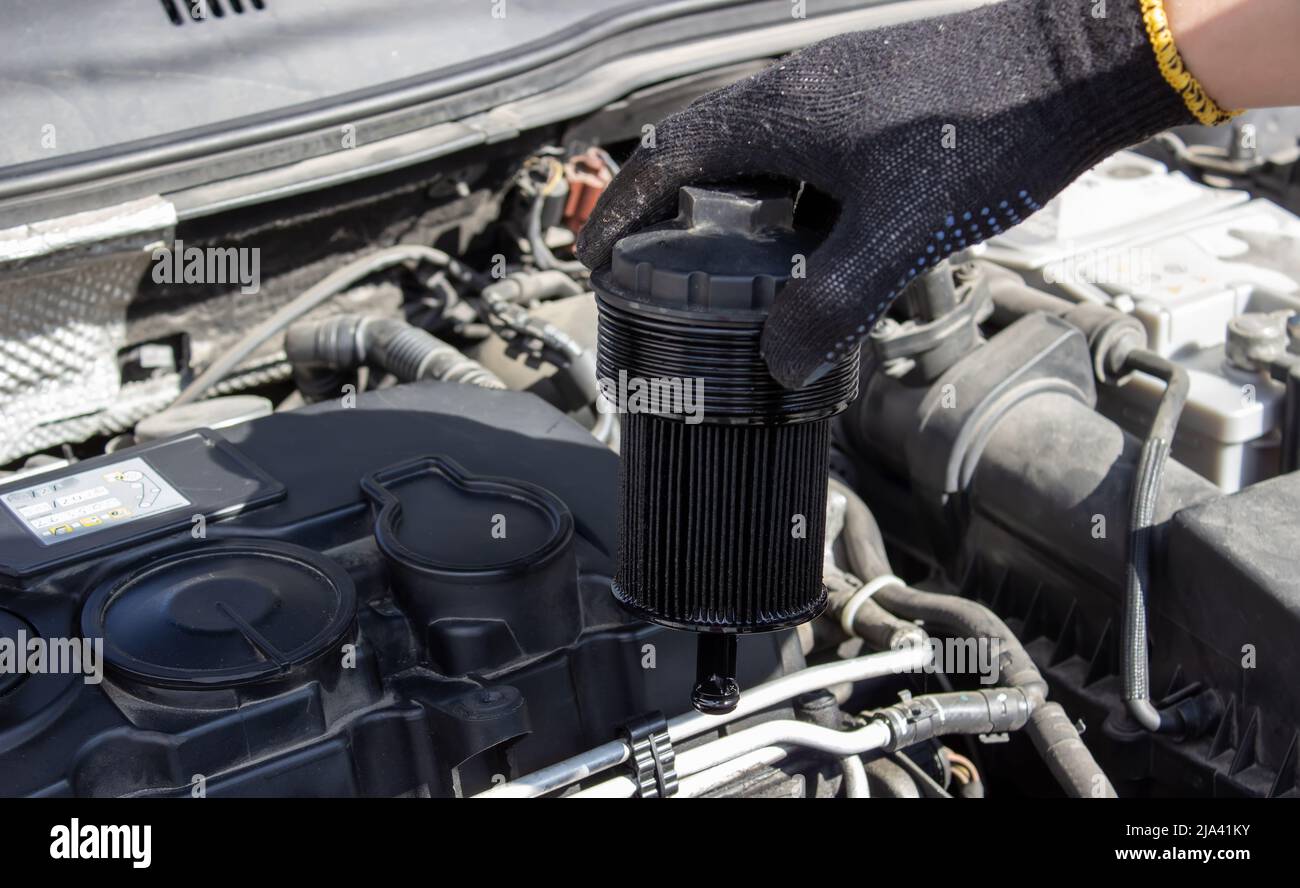 Car engine oil filter replacement. Transmission and maintenance. Energy