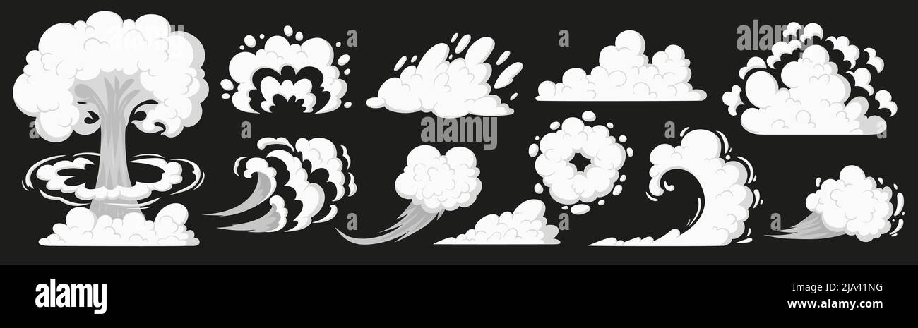 Smog smell collection, puff smoke, explosion elements. Steaming cloud flows, clouds vector illustrations set. Cartoon smoke or dust clouds, smoke puff, stream cloud elements. Steaming dust silhouettes Stock Vector