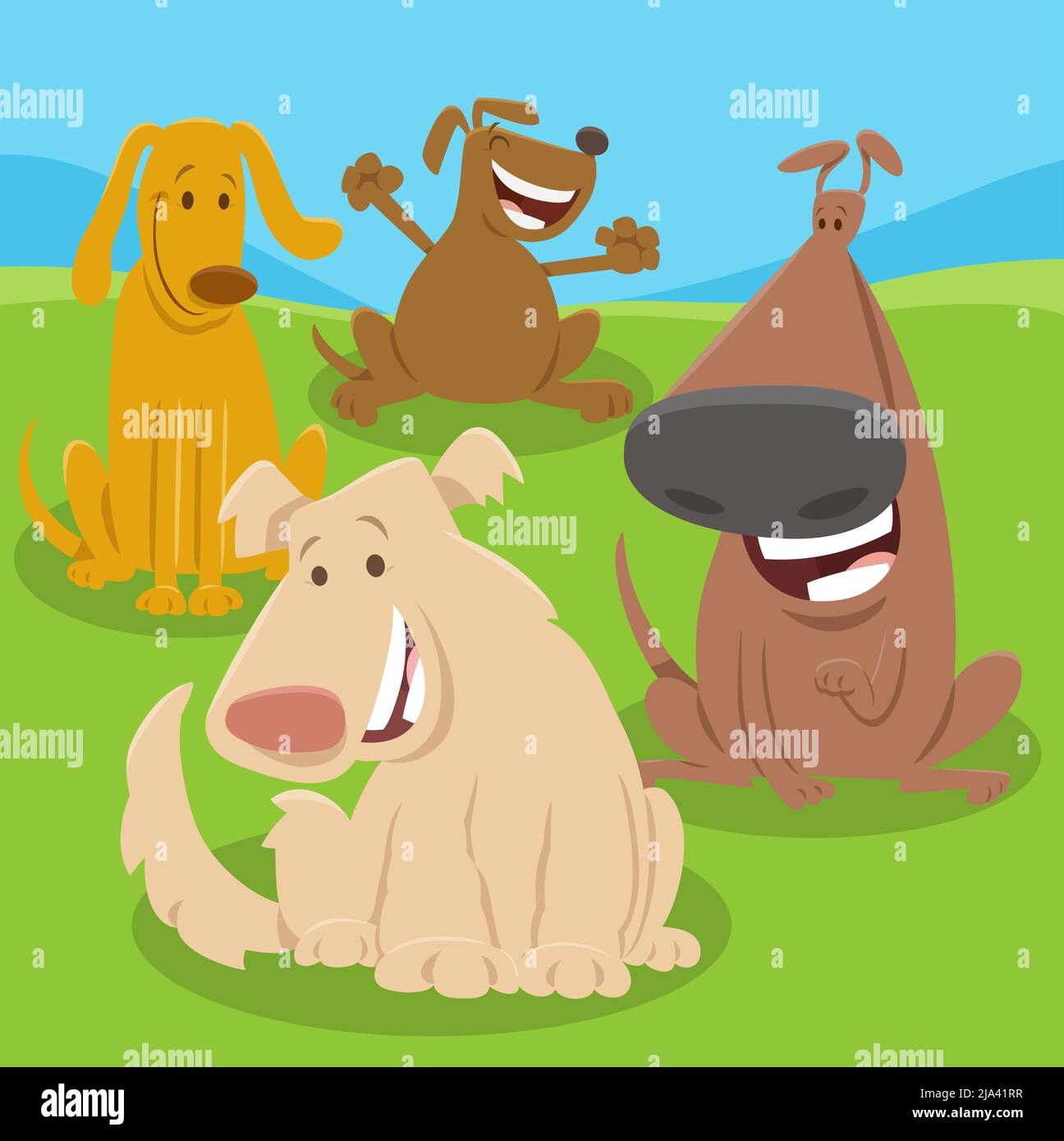 Cartoon illustration of happy dogs and puppies animal characters group ...