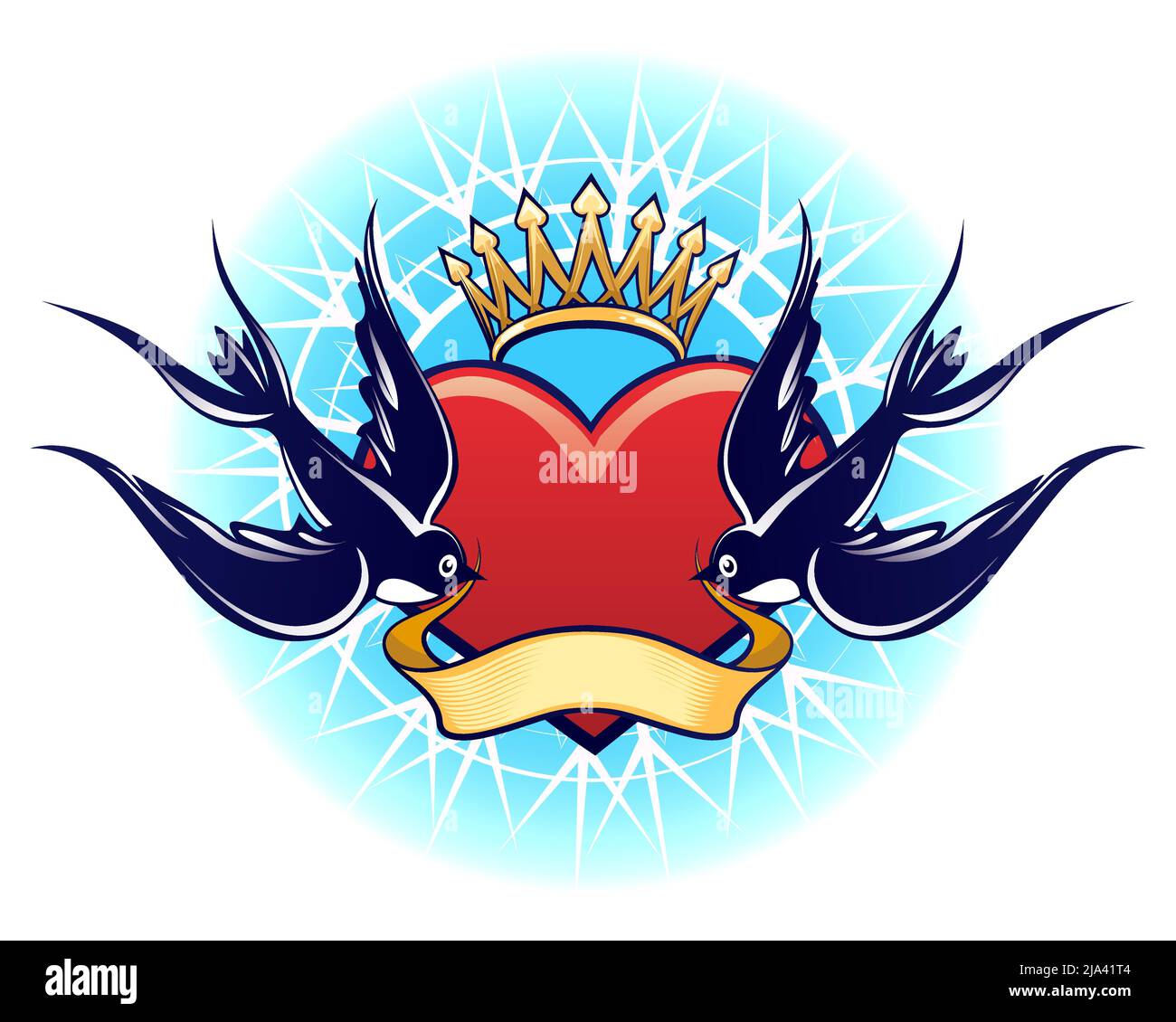 Heart Crown with Swallows colorful Tattoo Stock Vector
