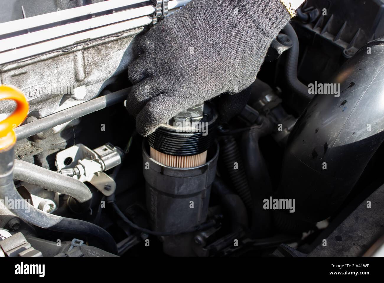 Car engine oil filter replacement. Transmission and maintenance. Energy