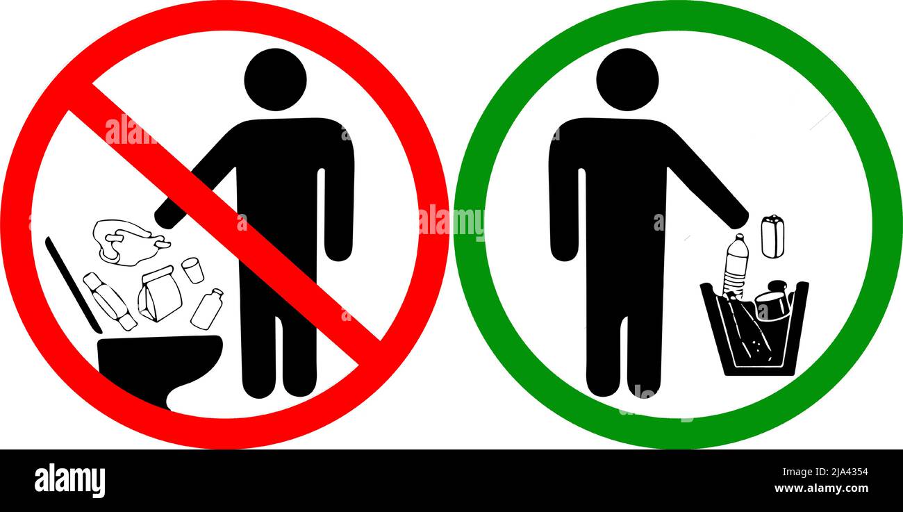 Do not litter in toilet icon use wastebasket instead. Keep clean sign. No to throw garbage into toilet in prohibition warning caution vector Stock Vector