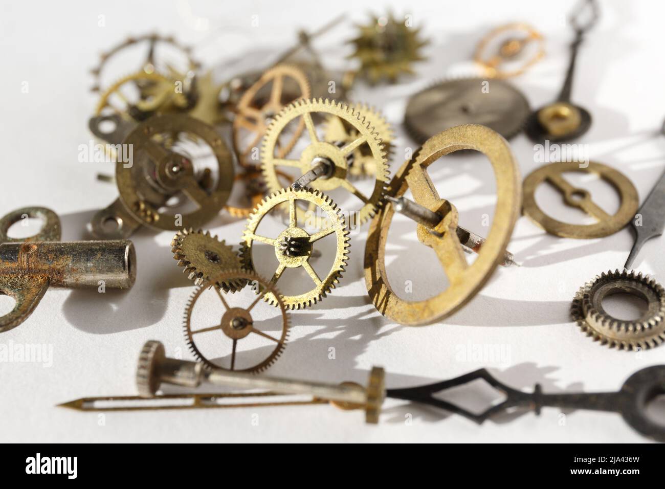 Clock mechanism, gears, wheels, wristwatch parts close-up. Turning cogwheels Stock Photo