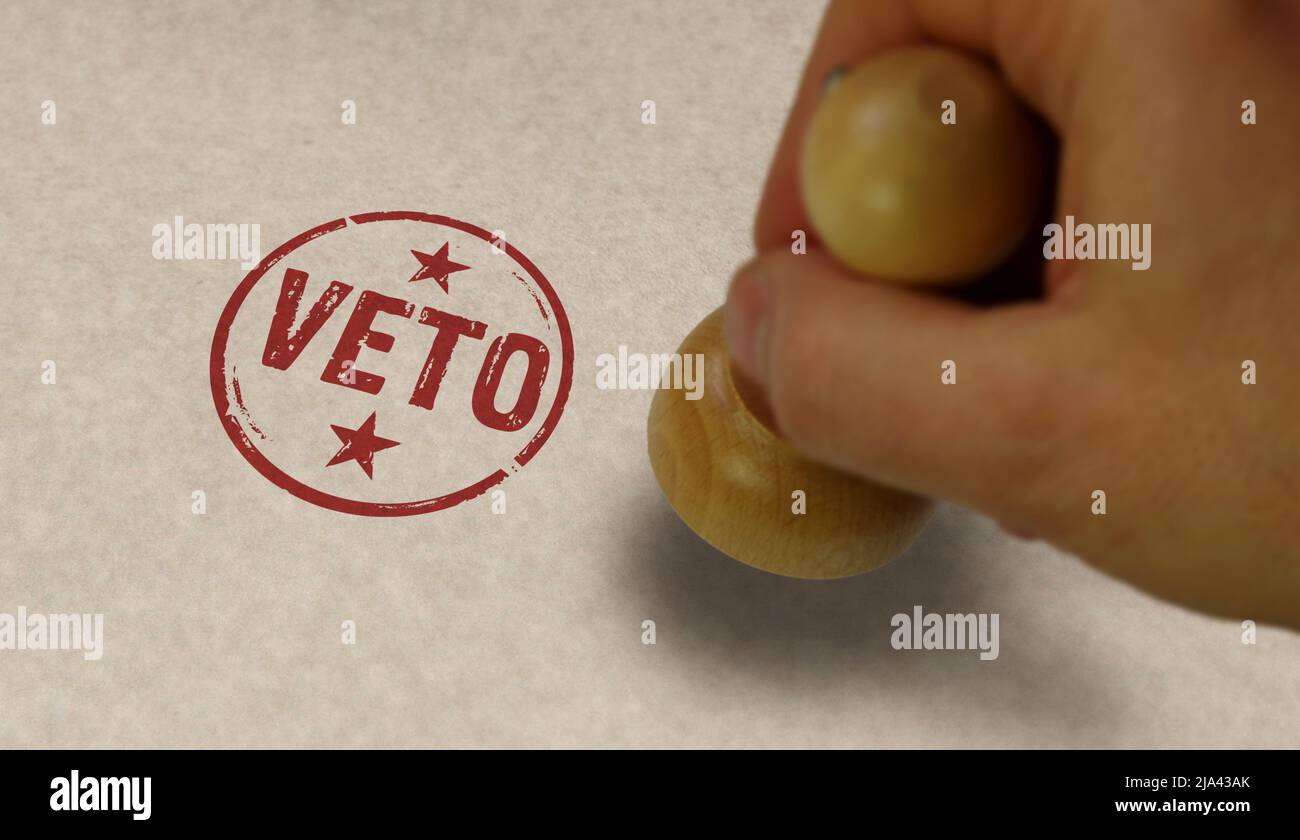 Veto stamp and stamping hand. Opposition, objection and refuse symbol concept. Stock Photo