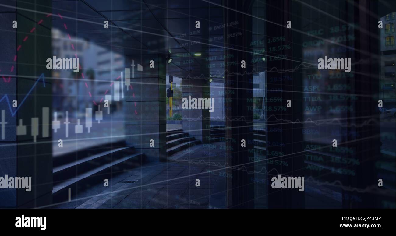Image of financial graphs and data over timelapse with citylife Stock Photo