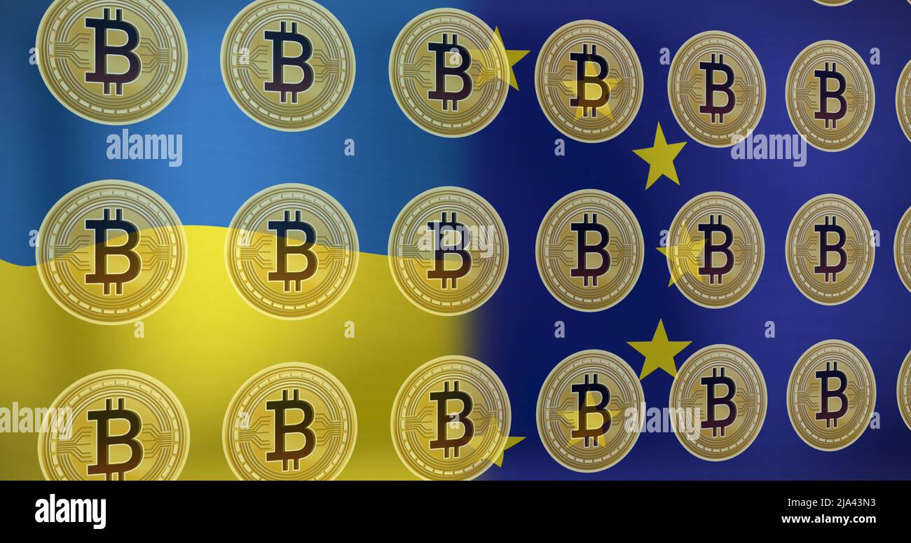 Image of bitcoin symbol over flag of ukraine and eu Stock Photo