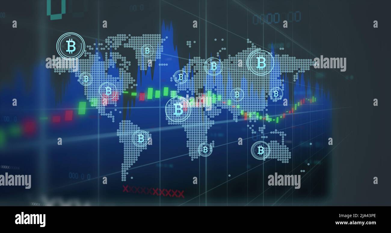Image of data processing and bitcoin symbol over world map Stock Photo -  Alamy