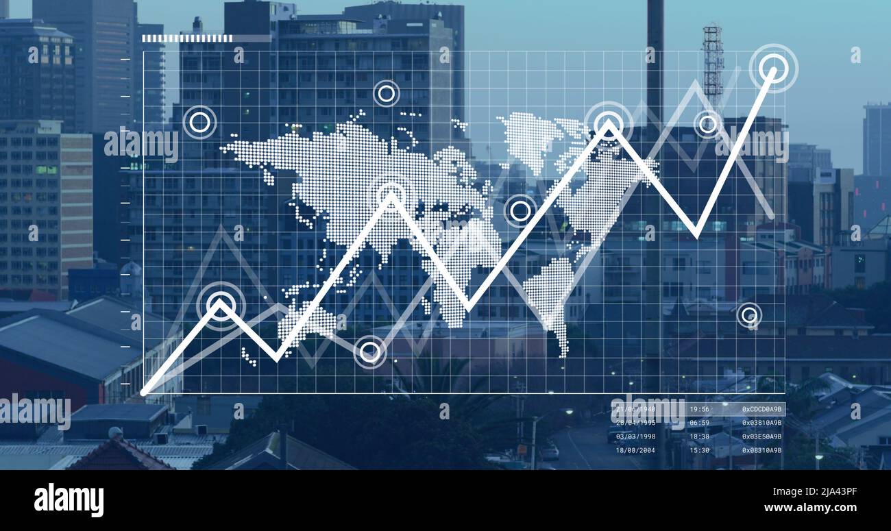 Image of data processing over cityscape Stock Photo