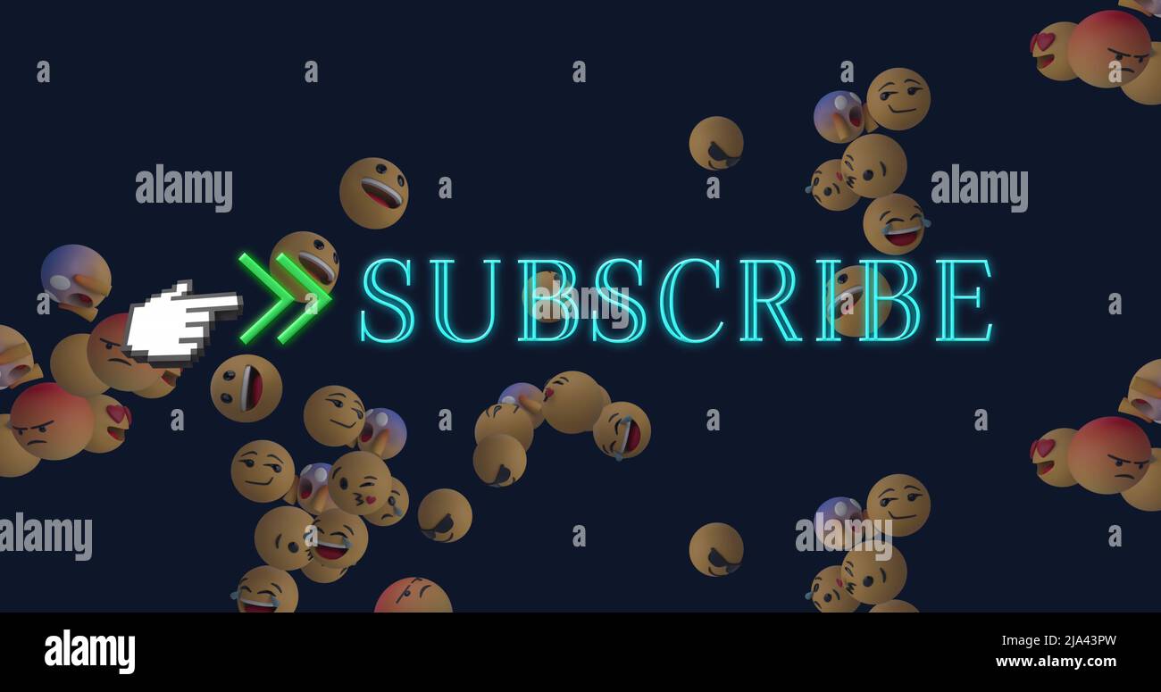 Image of subscribe text over emoji icons on black background Stock ...