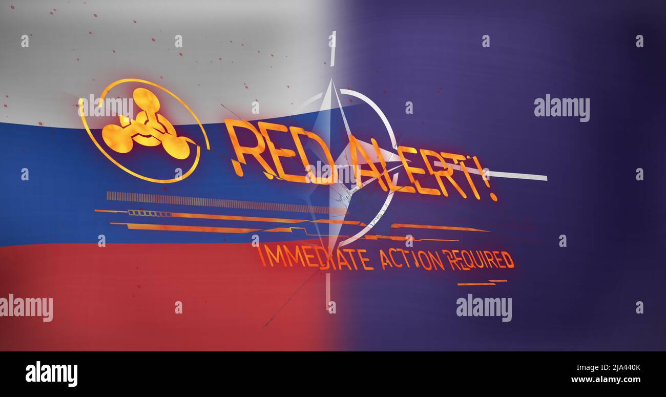 Image of red alert text and symbol over flags of russia and nato Stock ...