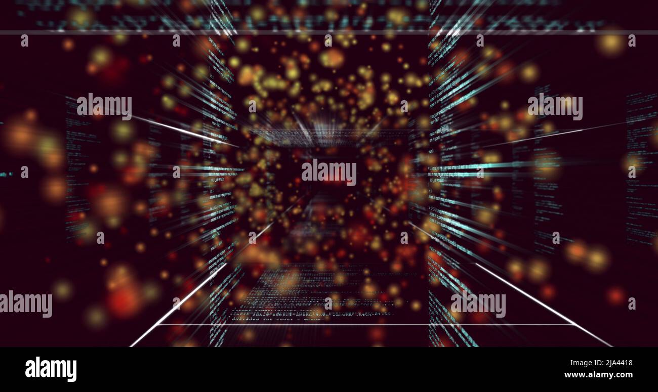 Image of yellow dots over data processing on black background Stock Photo