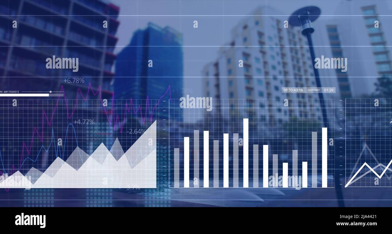 Image of data processing over cityscape Stock Photo