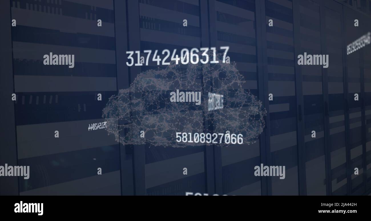 Image of data processing and cloud over server room Stock Photo