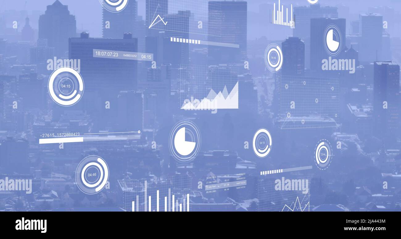 Image of data processing over cityscape Stock Photo