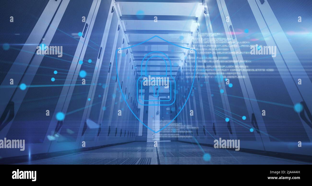 Image of data processing and padlock over server room Stock Photo - Alamy