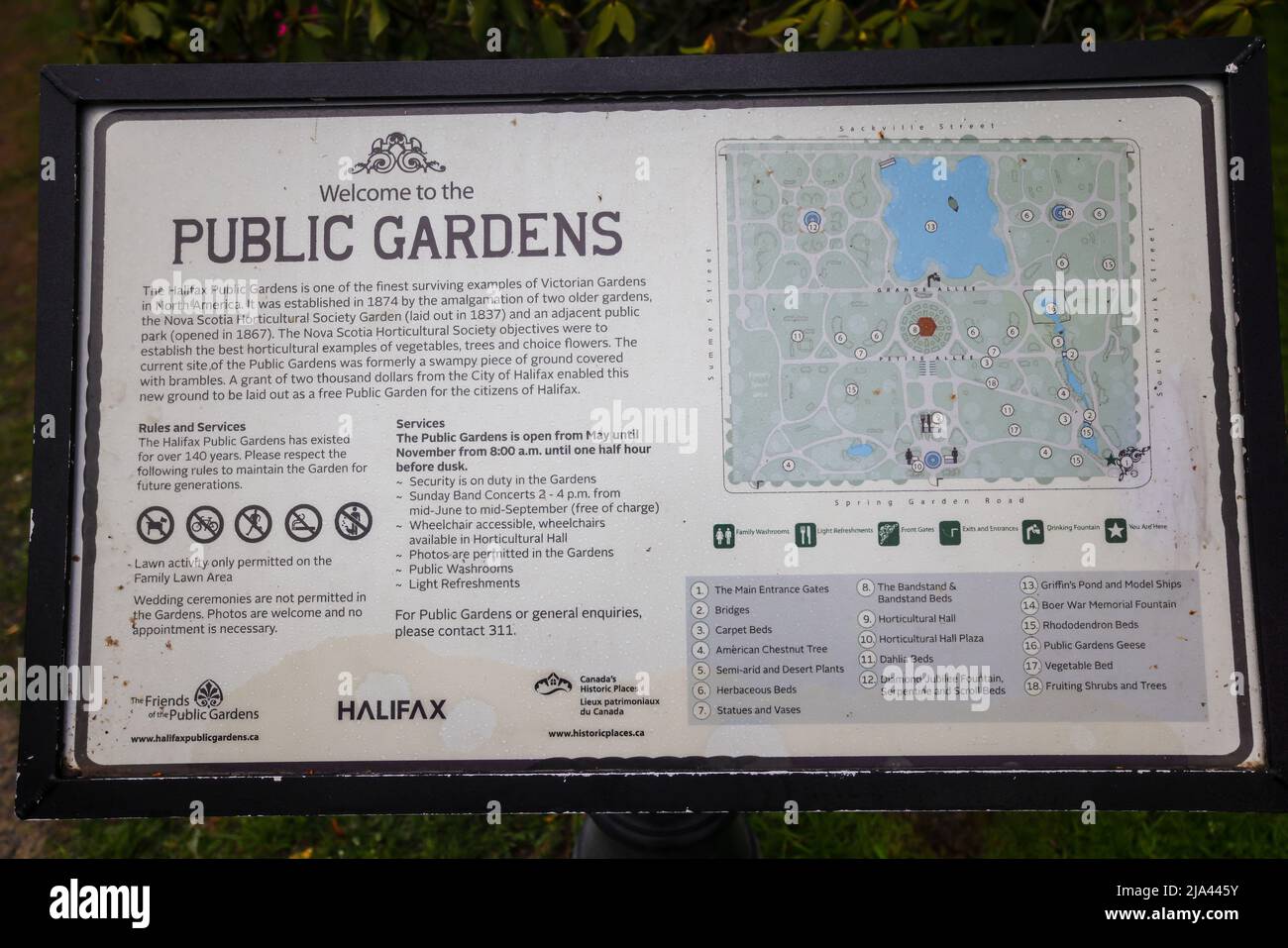Information board of tourist interest or useful information Halifax Public Garden, Spring Garden Road, HALIFAX, NOVA SCOTIA - MAY 2022 Stock Photo