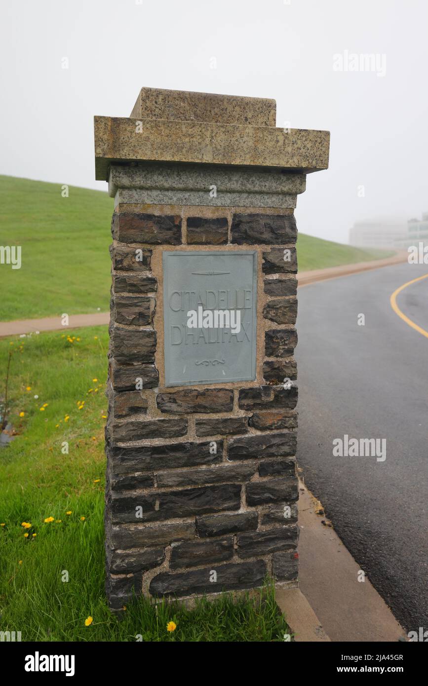 Original stone pillars at the entrance of Halifax Citadel National Historic Site with the Halifax Citadel Carved in French Stock Photo