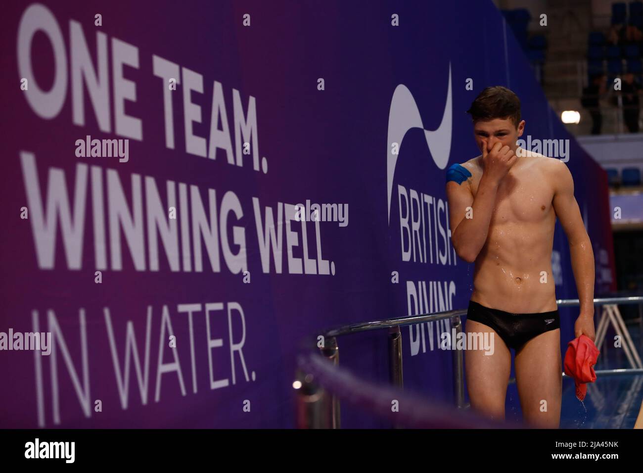 Southend Dive’s Todd Geggus seen after exiting the pool during day one of the British Diving Championships 2022 at Ponds Forge International Sports Centre, Sheffield. Picture date: Friday May 27, 2022. Stock Photo