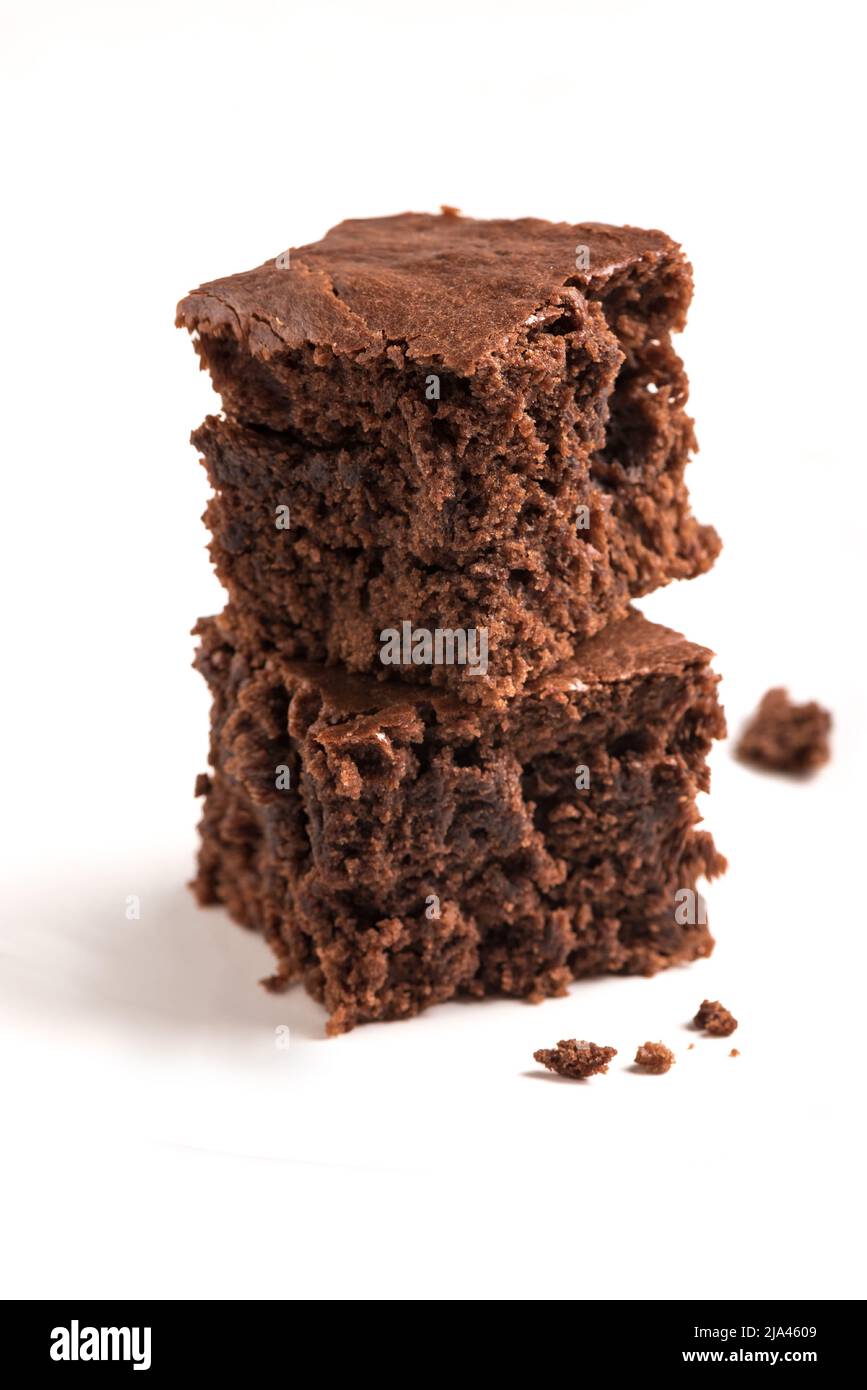 Chocolate brownies isolated on white background. Delicious homemade