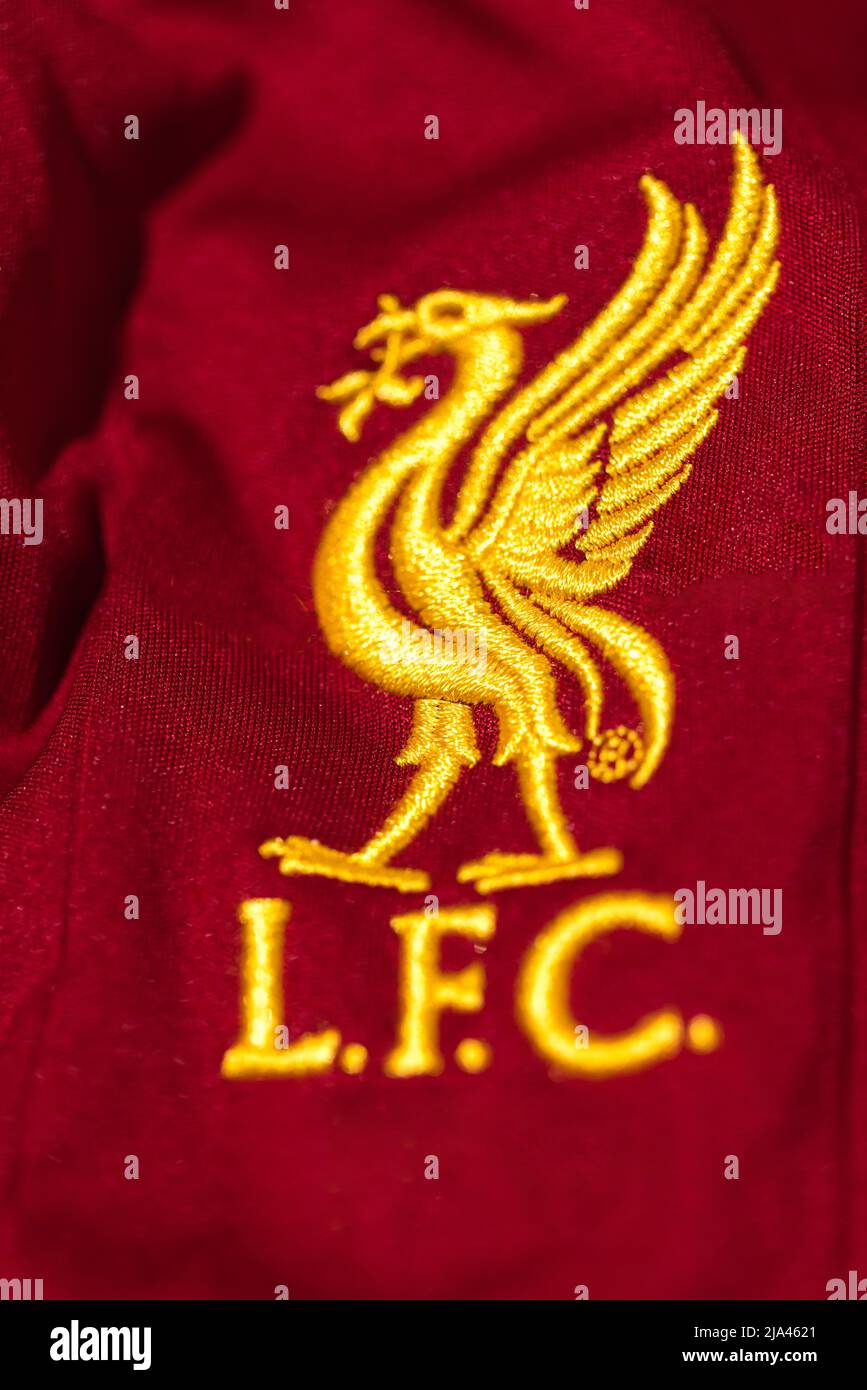 Shield on the shirt of Liverpool Football Club. Uefa champions league final concept on May 28, 2022, champion, europe, premiere league, reds. Stock Photo