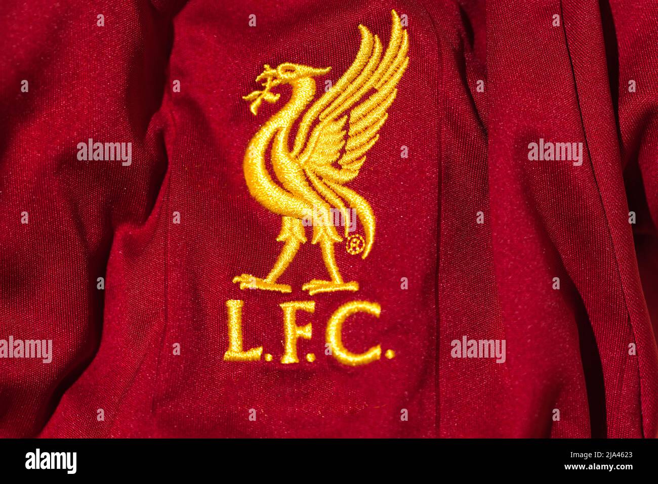 Shield on the shirt of Liverpool Football Club. Uefa champions league final concept on May 28, 2022, champion, europe, premiere league, reds. Stock Photo