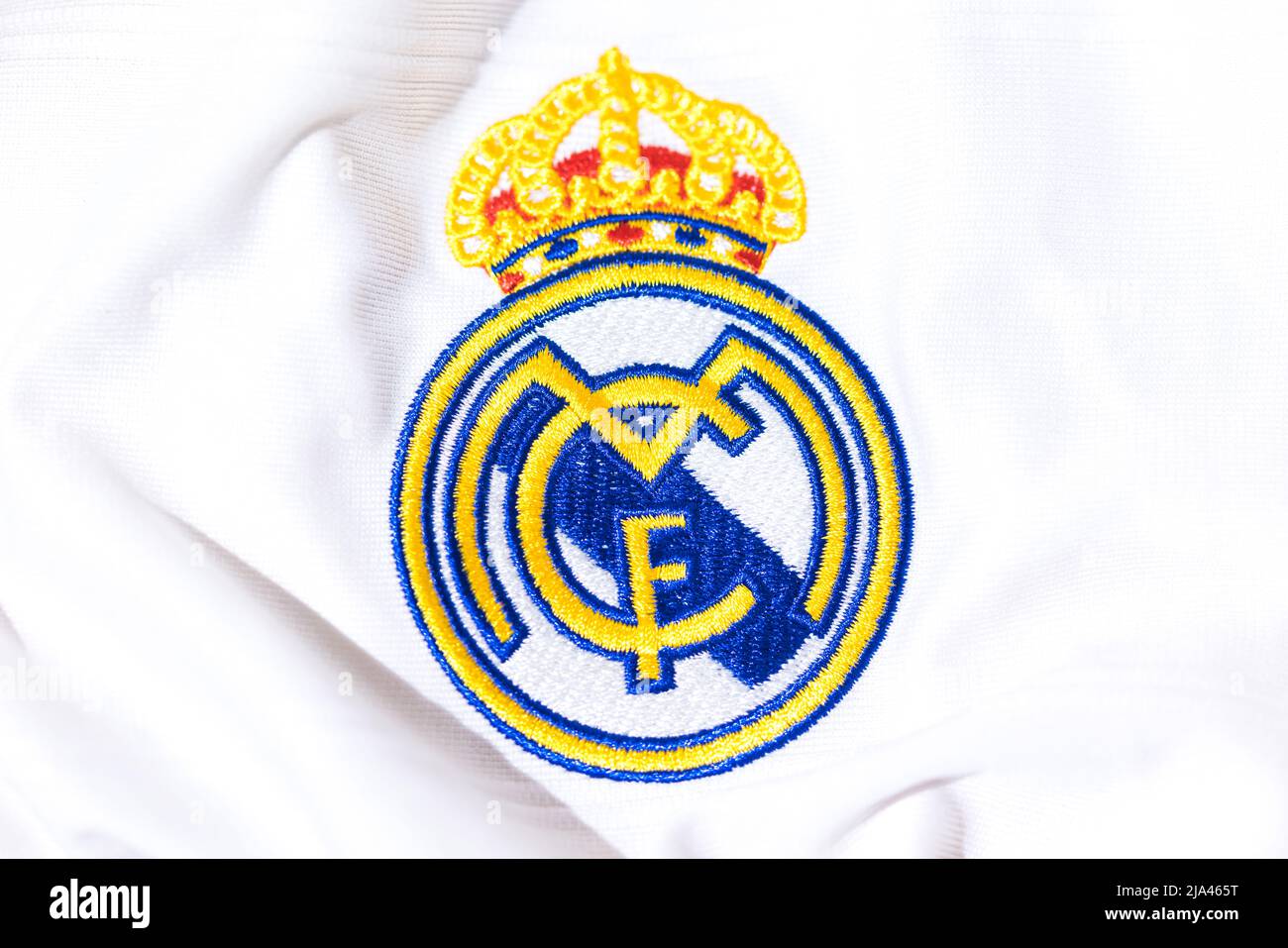 Shield on the white shirt of Real Madrid Football Club. Uefa champions league final concept on May 28, 2022, champion, europe, league, spain. Stock Photo