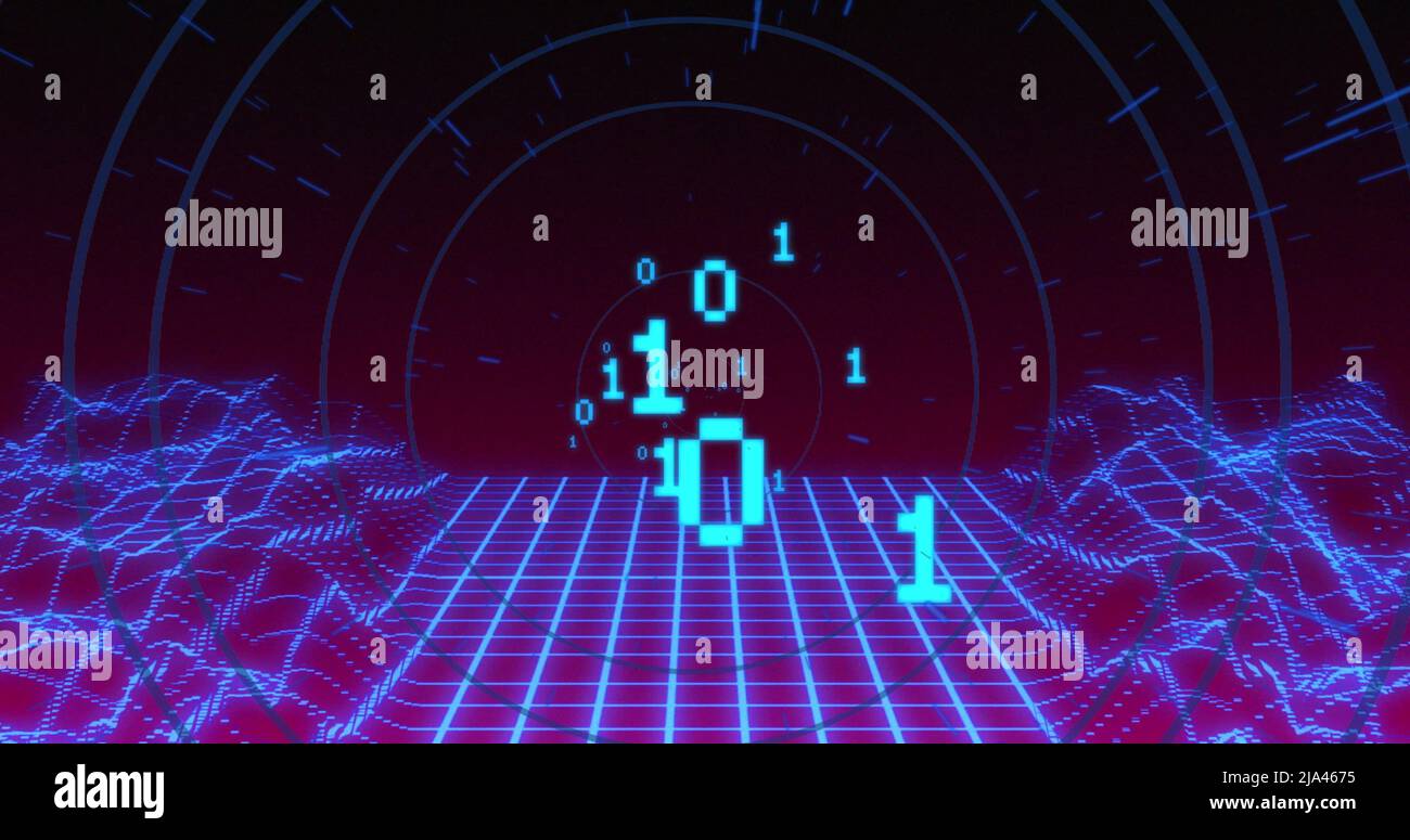 Image of binary coding and digital mountains over circles Stock Photo