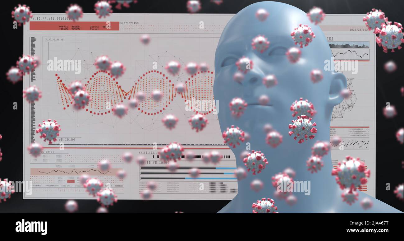 Image of virus cells and human head over medical data processing Stock ...
