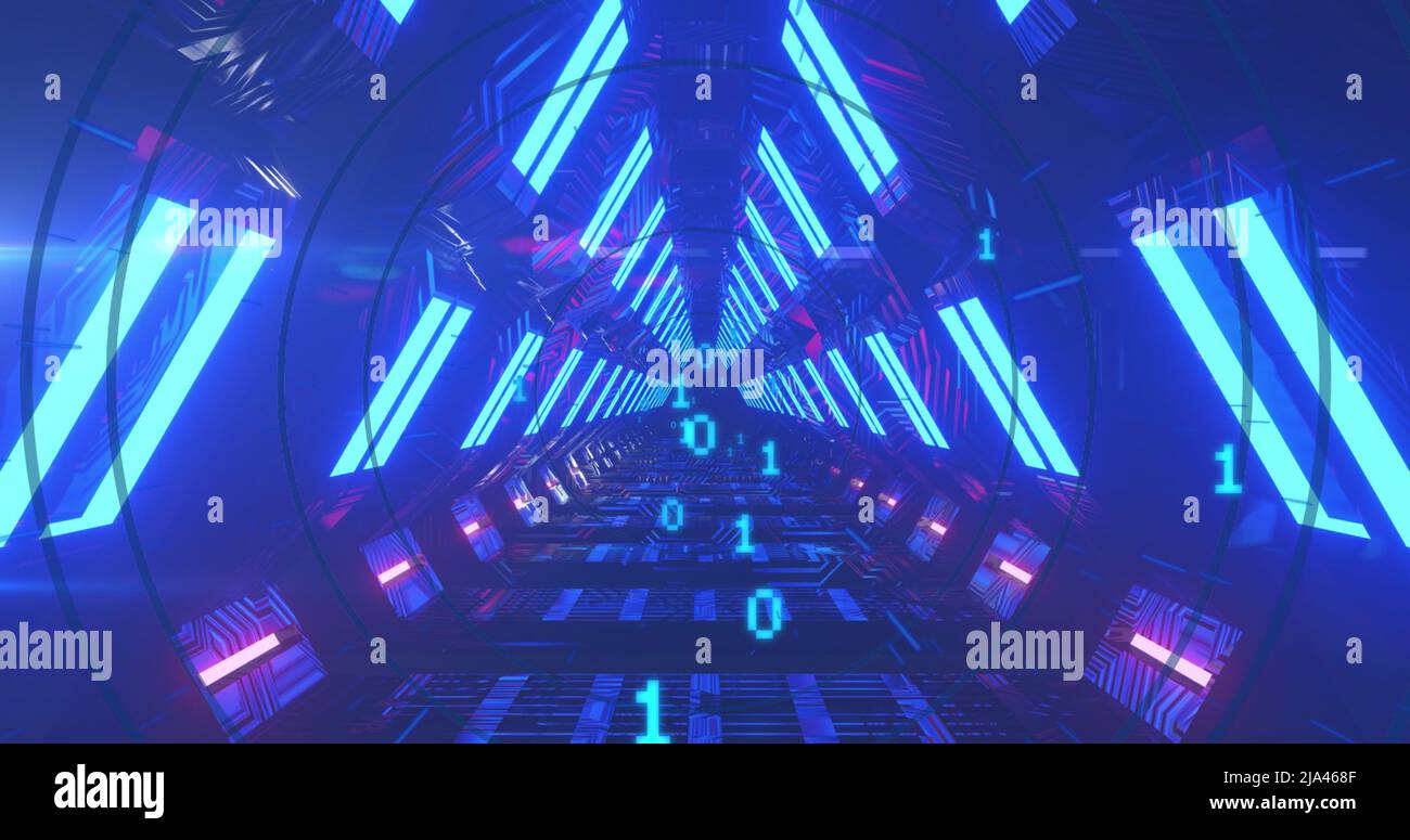 Image of binary coding and digital tunnel over circles Stock Photo