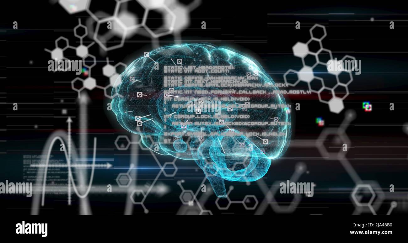Image of data processing and brain on black background Stock Photo - Alamy