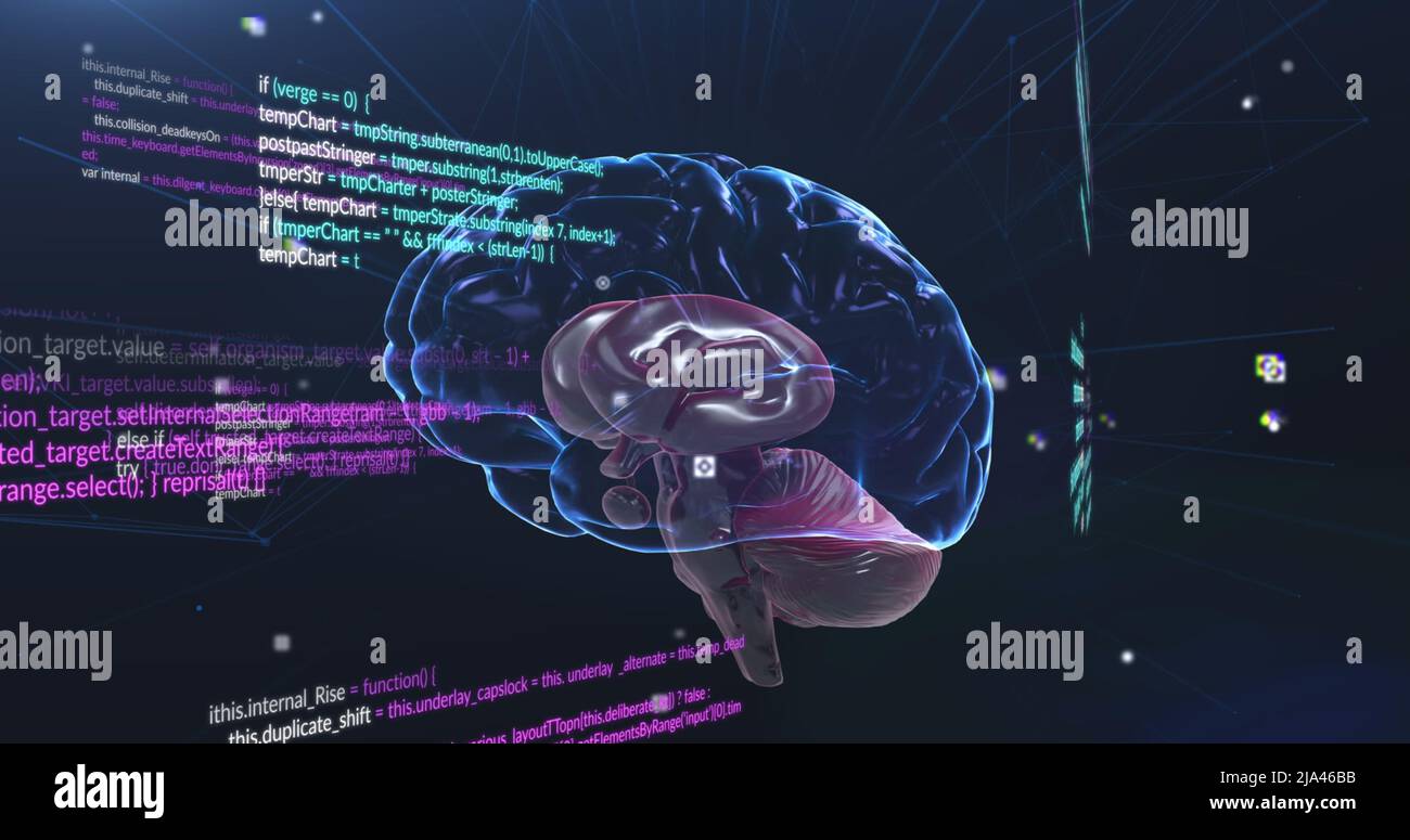 Image of data processing and brain on black background Stock Photo - Alamy