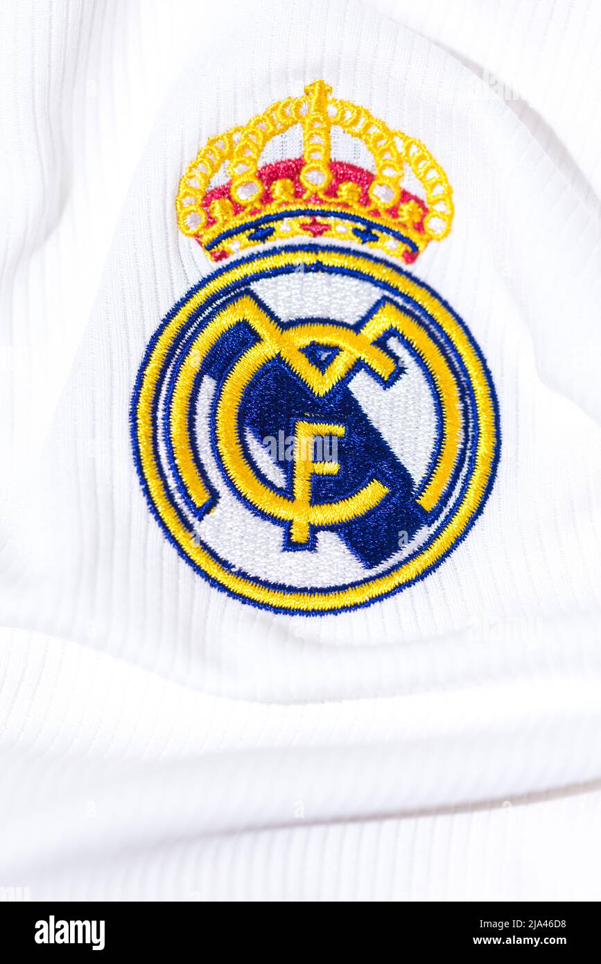 Shield on the white shirt of Real Madrid Football Club. Uefa champions  league final concept on May 28, 2022, champion, europe, league, spain Stock  Photo - Alamy