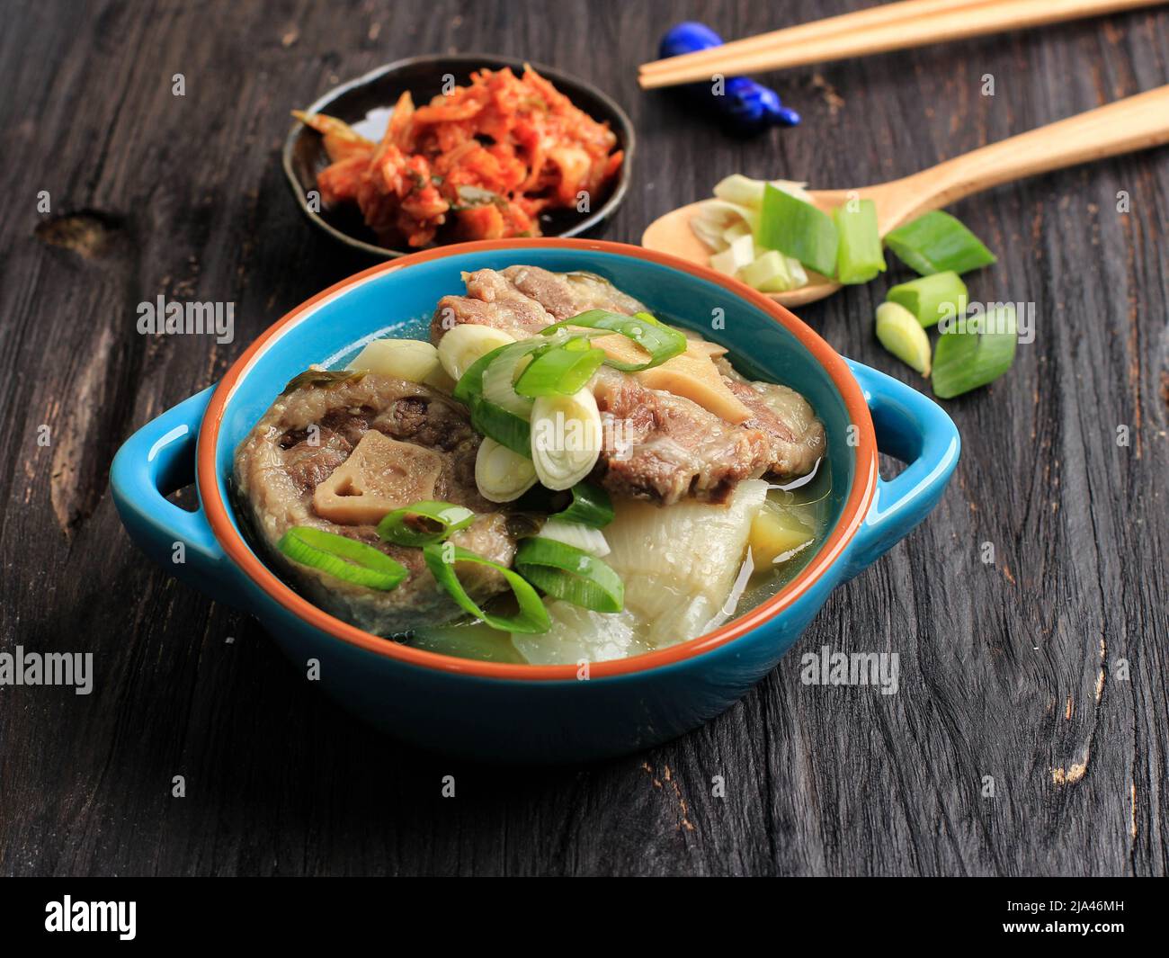 Gori Gomtang Korean Oxtail Soup, On Wooden Table. Selective Focus Stock Photo