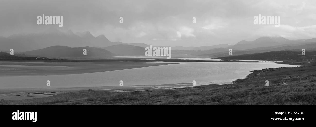 Kyle of Tongue panorama in black and white, Sutherland Stock Photo