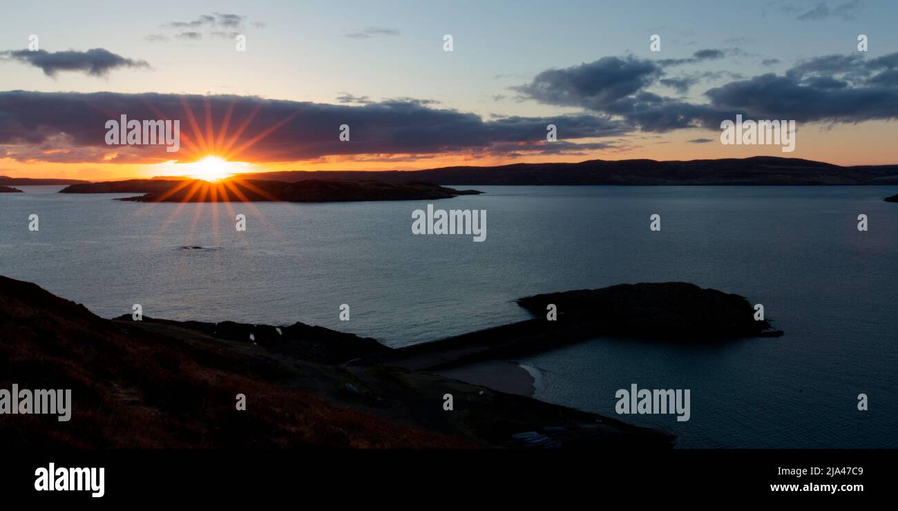 Talmine pier sunrise, Tongue Bay, Sutherland Stock Photo