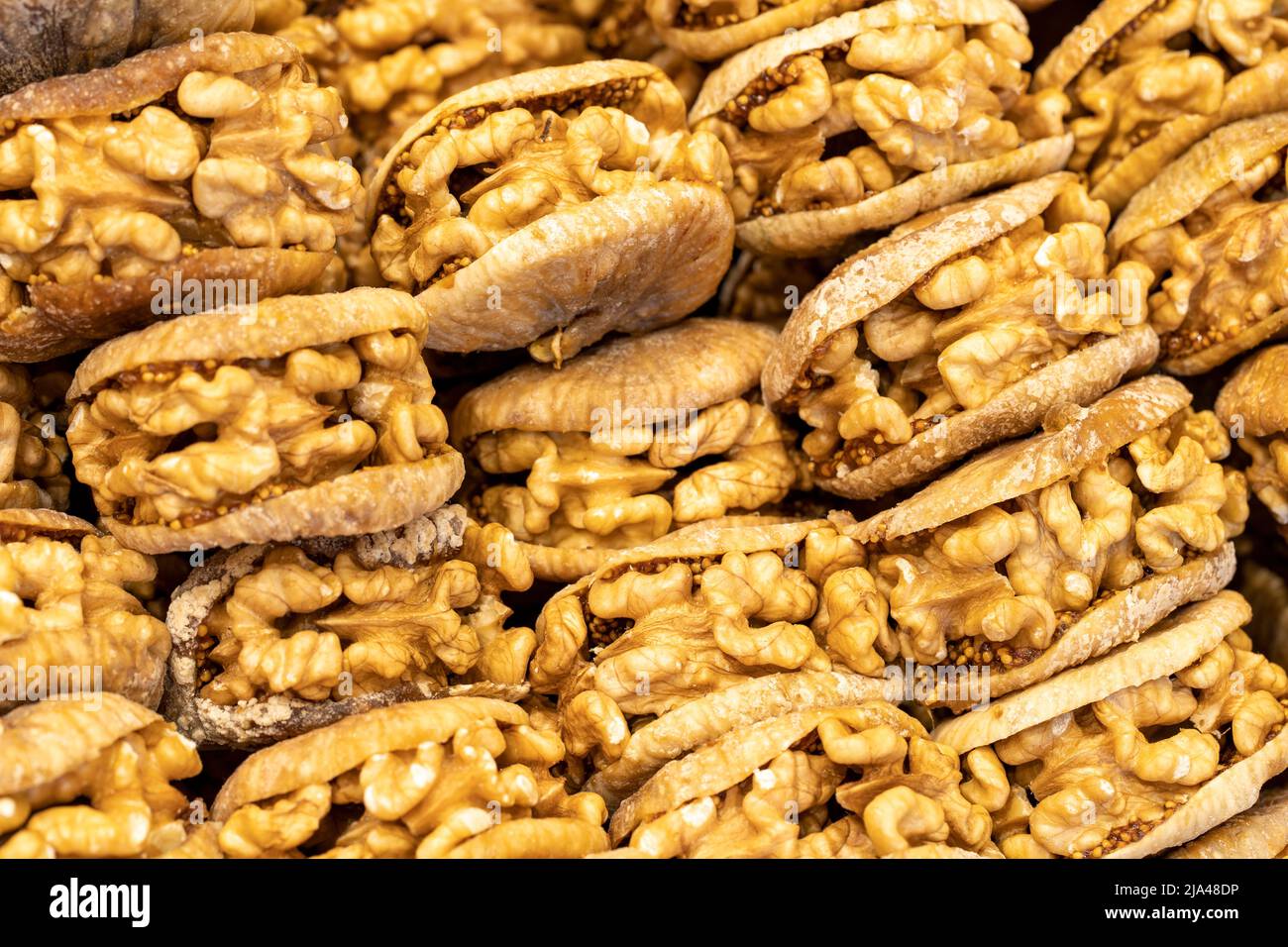 Walnut figs. Figs with walnut filling are healthy food. Closeup. local