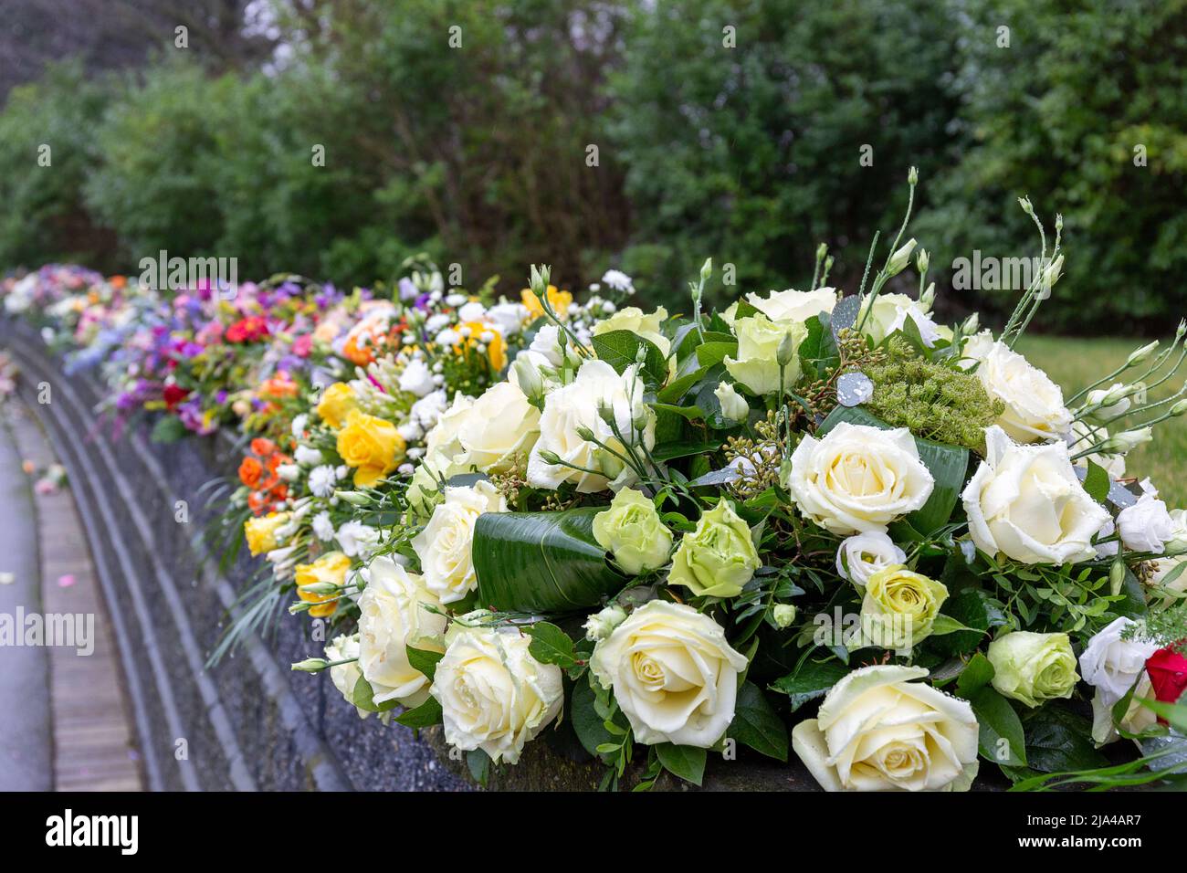 Flower arrangement for funerals, churches, coffins, graves Stock Photo