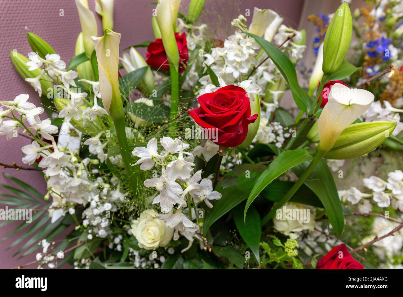 Flower arrangement for funerals, churches, coffins, graves Stock Photo
