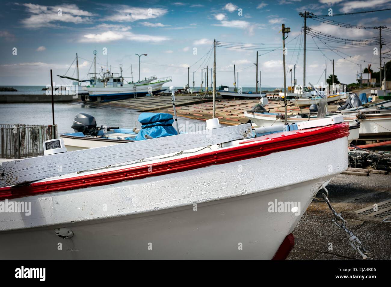 Fishing boats in the little fishing village of Arisaki near Yokosuka, Japan. Stock Photo