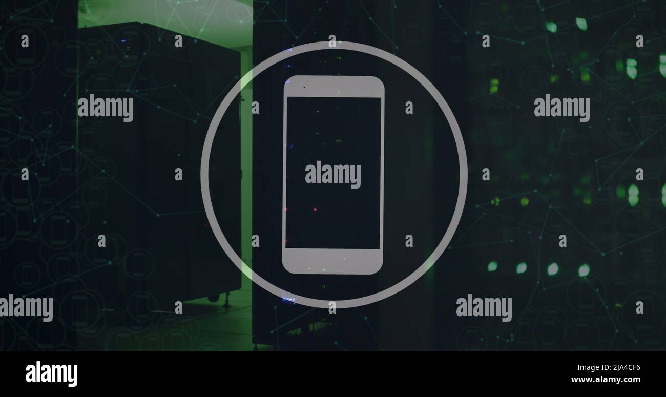Image of smartphone icon and data processing over server room Stock Photo