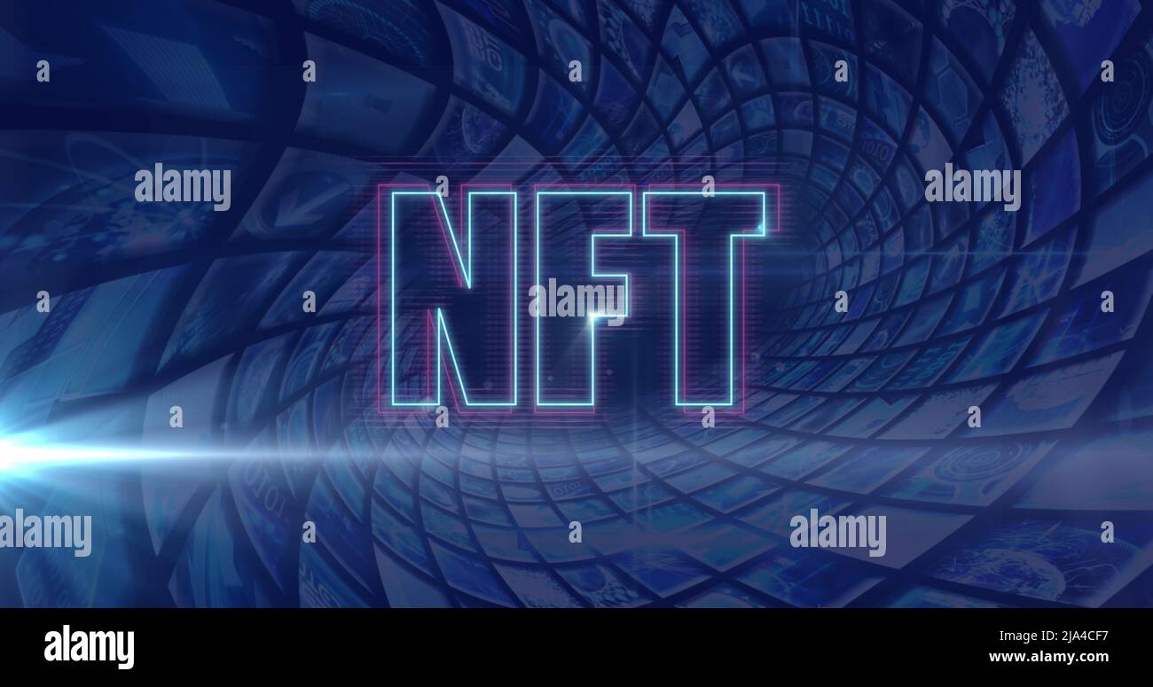 Image of data processing and nft text over light spots Stock Photo