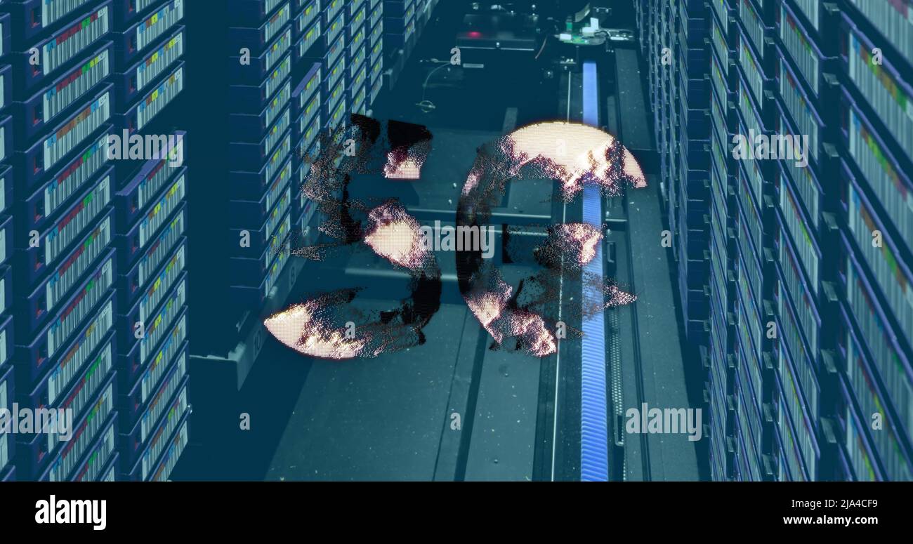 Image of 5g text over server room Stock Photo