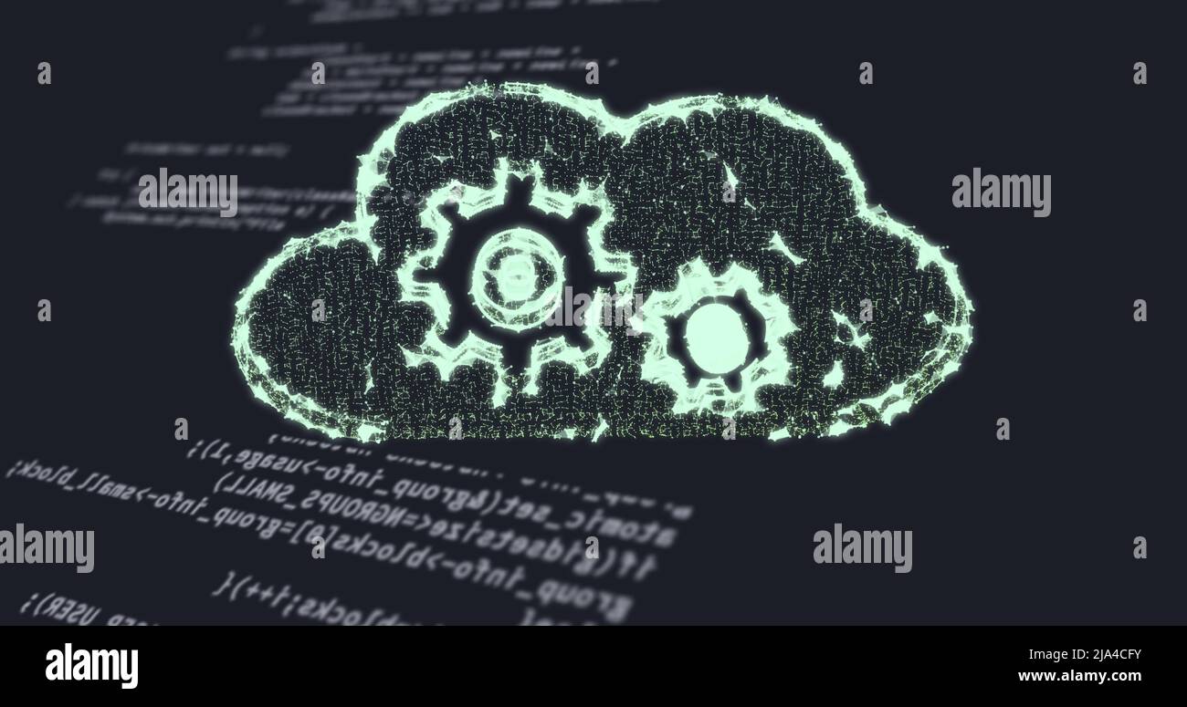 Image of cloud with cogs icon over data processing Stock Photo