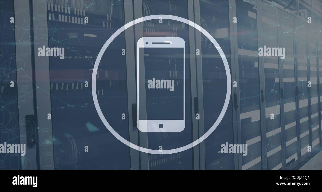 Image of smartphone icon and data processing over server room Stock Photo