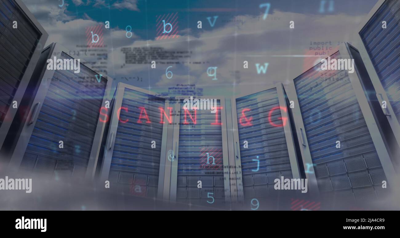 Image of cyber attack warning and data processing over server room Stock Photo