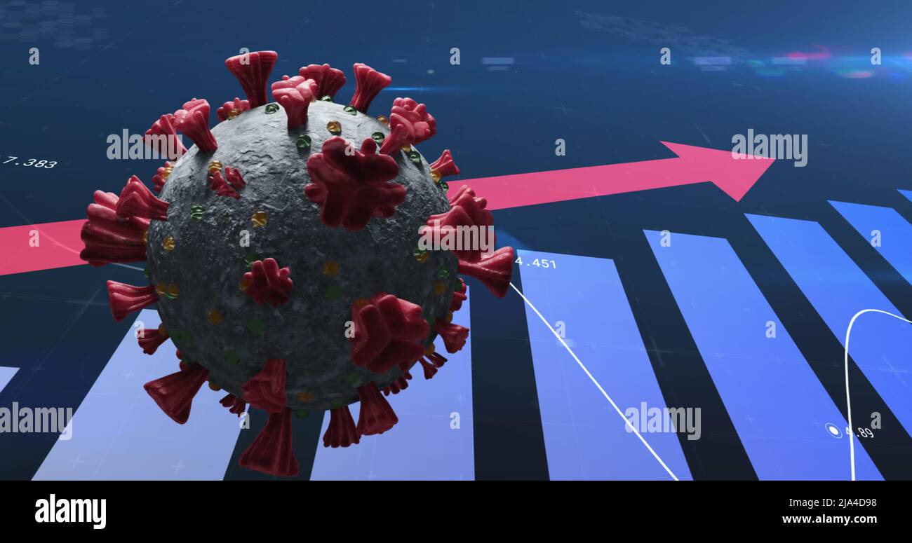 Image of virus cell spinning over data processing Stock Photo