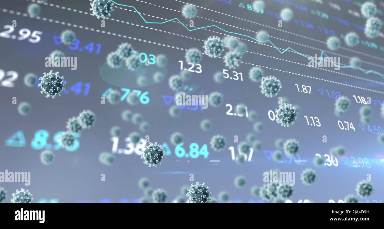 Image of virus cells floating over data processing Stock Photo