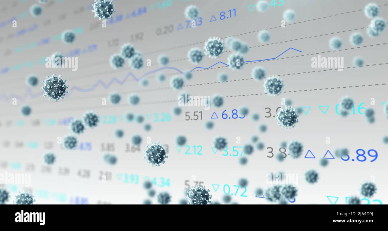 Image of virus icons over financial data processing on white ...