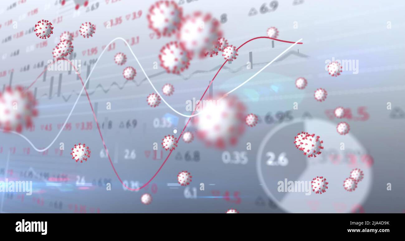 Image of virus cells floating over data processing Stock Photo